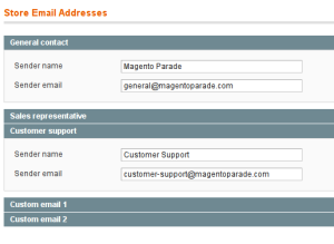 This shows an example of some store email addresses configured in Magento