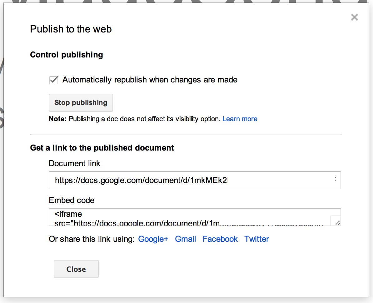 Publish Google Docs dialog