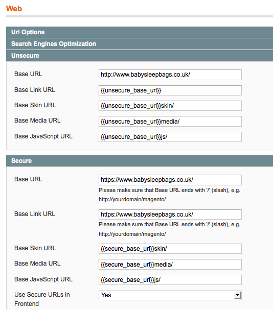Default configuration The default configuration for URLs accessed at System>Configuration>Web