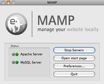 The initial MAMP dialog You'll be first presented with this dialog, to start with edit the preferences.