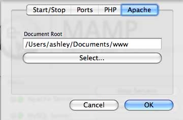 Setting your Apache document root in MAMP Set your Document Root for Apache in MAMP to somewhere in your home directory.