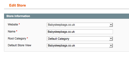 The edit store screen where you configure your default root category. This screenshot shows the Edit Store screen (accessed via the System -> Manage Stores menu). The Edit Store screen is where you configure your default root category.