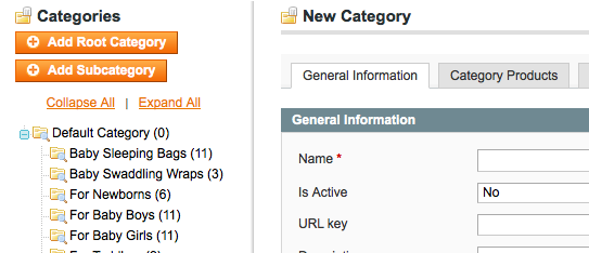Default Root category as the parent of all new store categories. Ths screenshot shows the Default Root category as the parent of all new store categories.