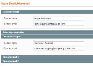 store-emails This shows an example of some store email addresses configured in Magento