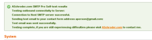 SMTP Pro Self Test results This shows the results of a self test.