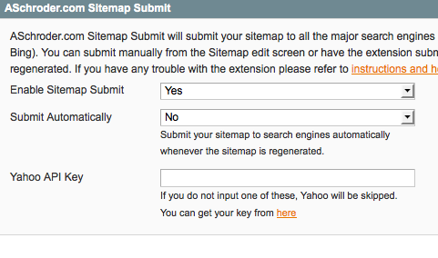 SitemapSubmit Configuration options The Sitemap Submit Configuration options - an option to enable automatic submission each time the sitemap is generated, and also the yahoo App Id required for yahoo submission.