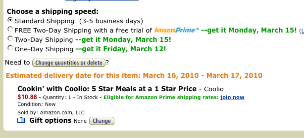 too-many-cooks The cart page also gives multiple shipping options, each with an estimated delivery date.